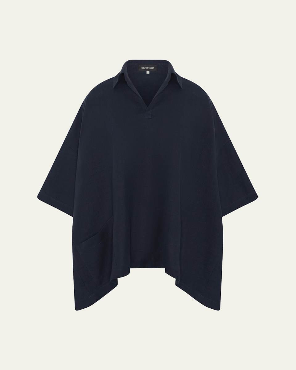 Angle-To-Front Side Seam Short Sleeve Tunic with Collar (Long Length)